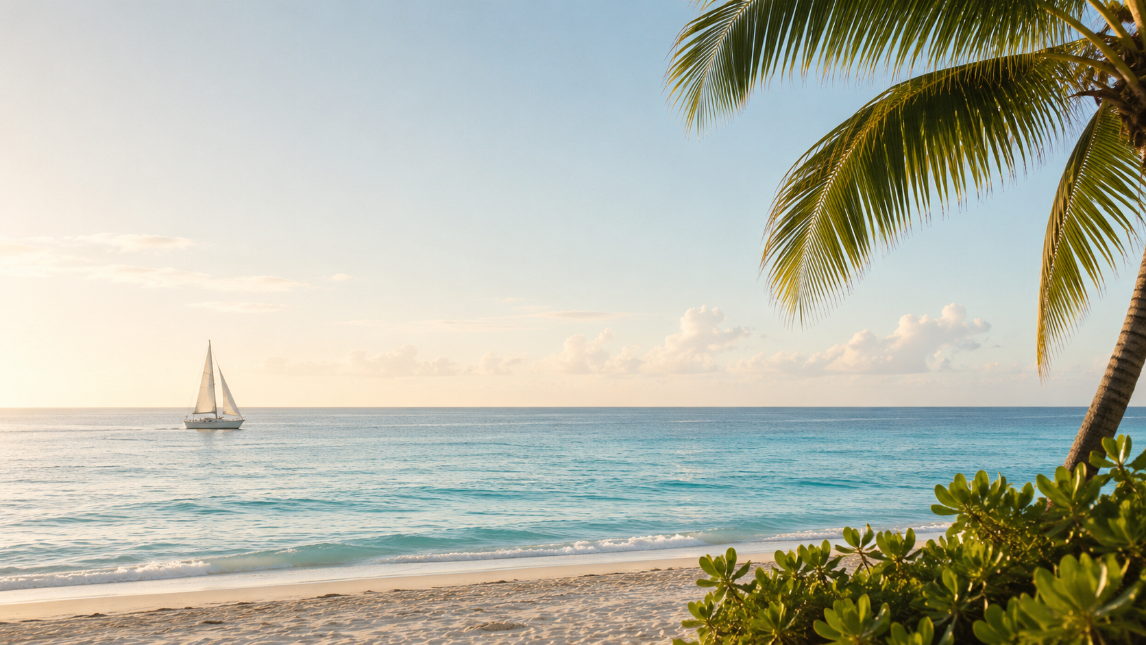 A calm Barbados ocean view with a sailboat and palm frond