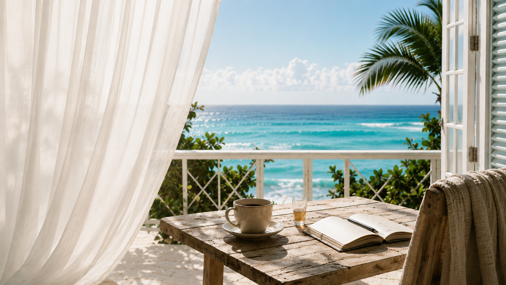 A white Barbados veranda with open shutters, a flowing curtain, coffee, notebook, shot glass, and turquoise ocean view