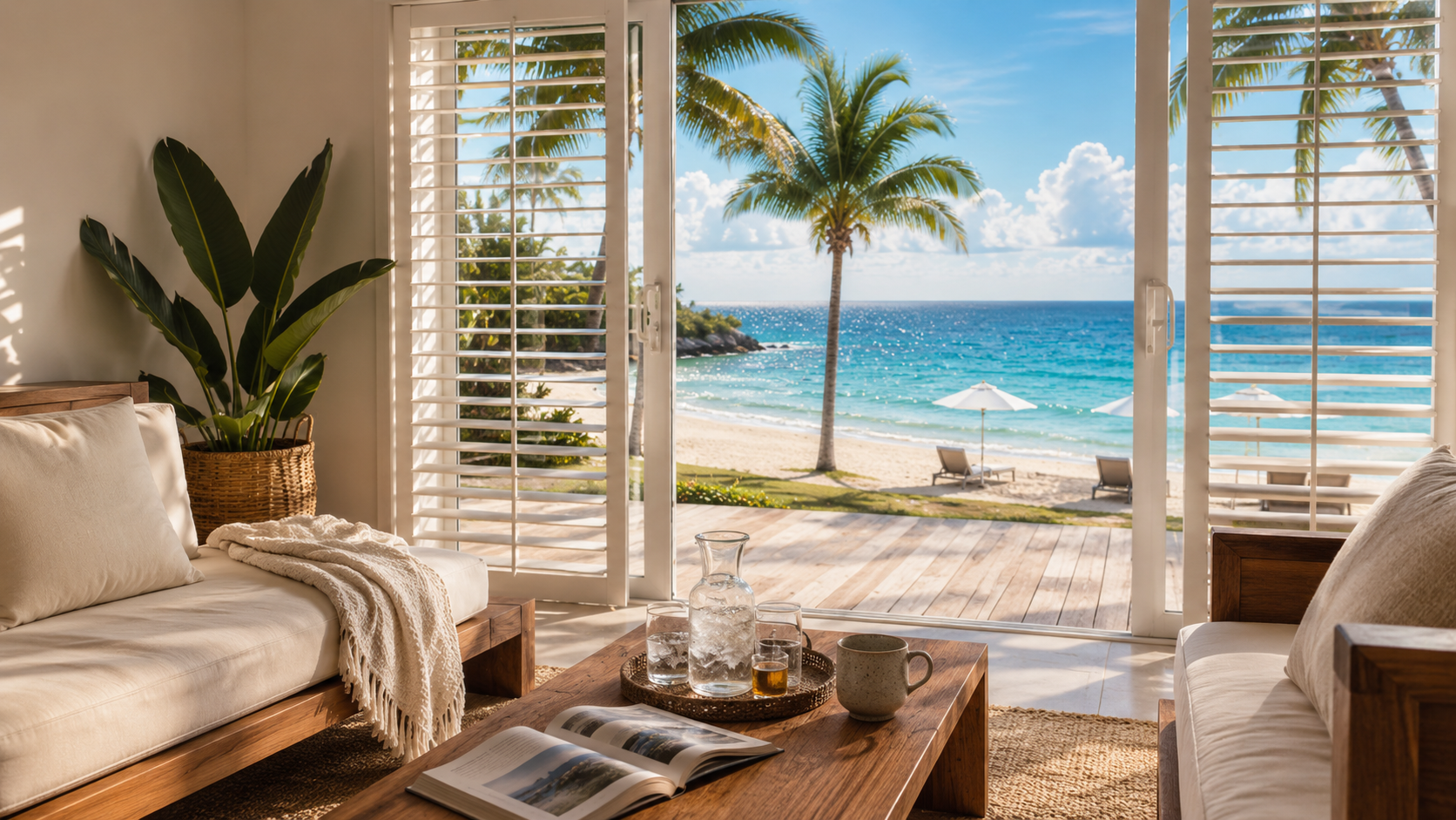 A white Barbados living room with open shutters, ocean view, and soft seating